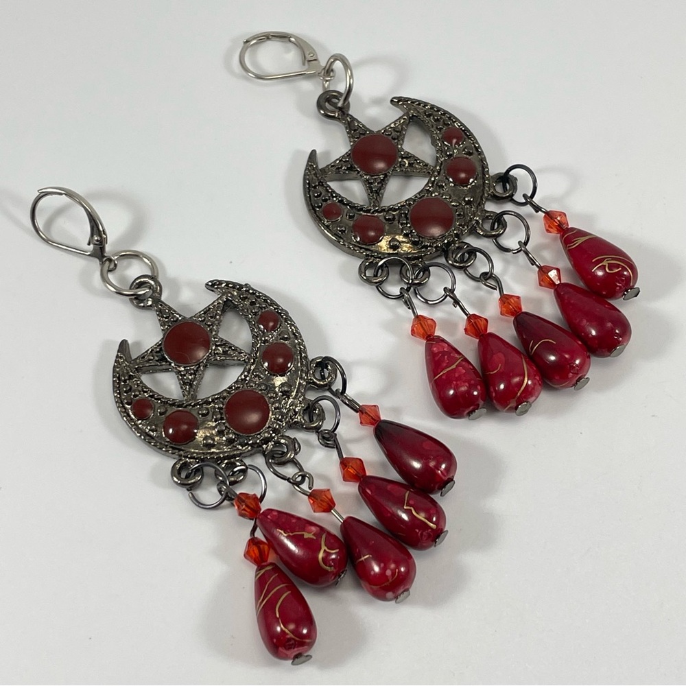 Boho Gunmetal Silver Crescent Moon Acrylic Beaded Chandelier Dangle Earrings